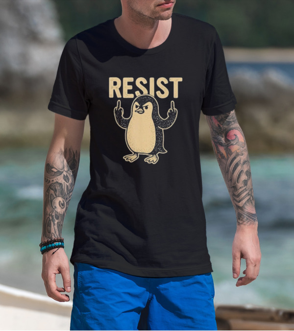 Resist Penguin Middle Finger Protest Symbol T-Shirt