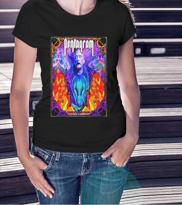 Pentagram Band US Tour 2025 Extremity Retained Booking Vibrant Artwork Featuring Mystical Figures T-Shirt