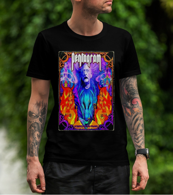 Pentagram Band US Tour 2025 Extremity Retained Booking Vibrant Artwork Featuring Mystical Figures T-Shirt
