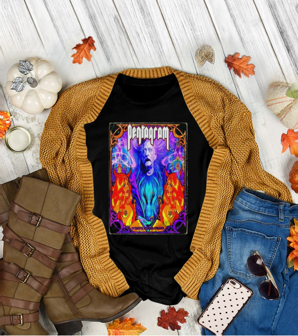 Pentagram Band US Tour 2025 Extremity Retained Booking Vibrant Artwork Featuring Mystical Figures T-Shirt