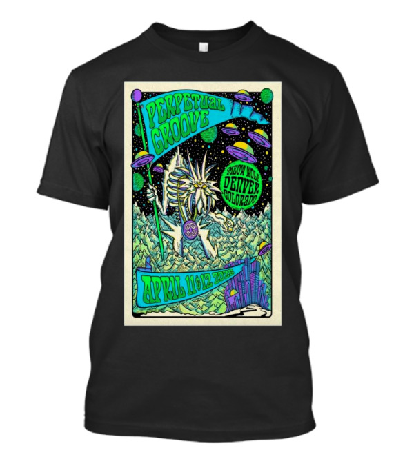 Perpetual Groove April 11-12 2025 Denver Colorado Artwork Aliens Mountains Fantasy Scene T-Shirt