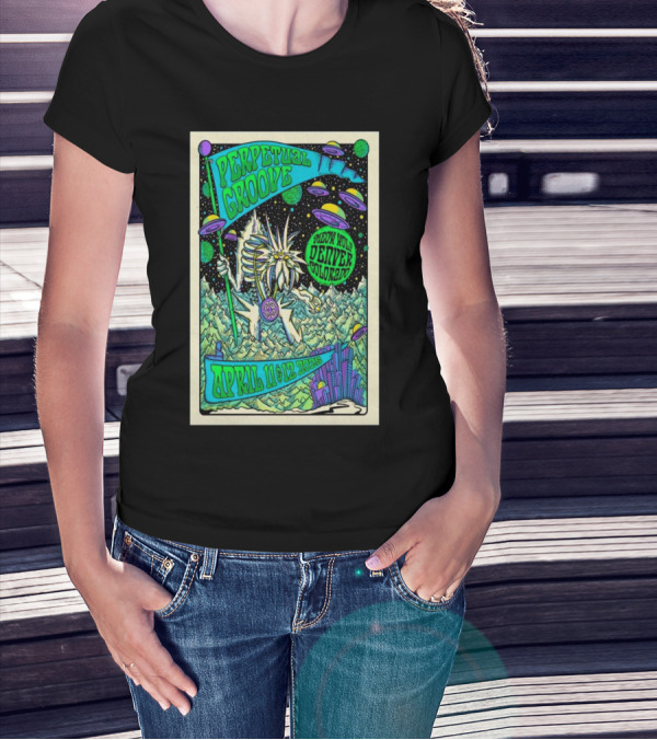 Perpetual Groove April 11-12 2025 Denver Colorado Artwork Aliens Mountains Fantasy Scene T-Shirt