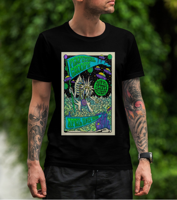 Perpetual Groove April 11-12 2025 Denver Colorado Artwork Aliens Mountains Fantasy Scene T-Shirt