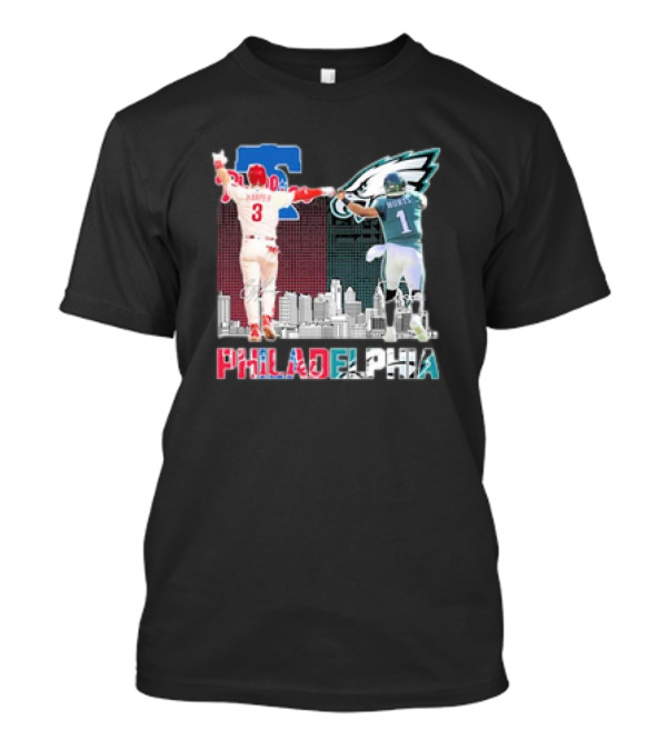 Philadelphia 2025 Bryce Harper Jalen Hurts Eagles Phillies Cityscape T-Shirt