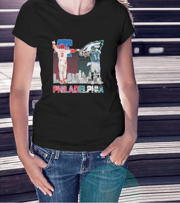 Philadelphia 2025 Bryce Harper Jalen Hurts Eagles Phillies Cityscape T-Shirt