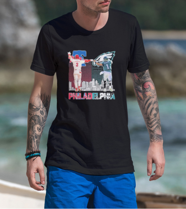 Philadelphia 2025 Bryce Harper Jalen Hurts Eagles Phillies Cityscape T-Shirt