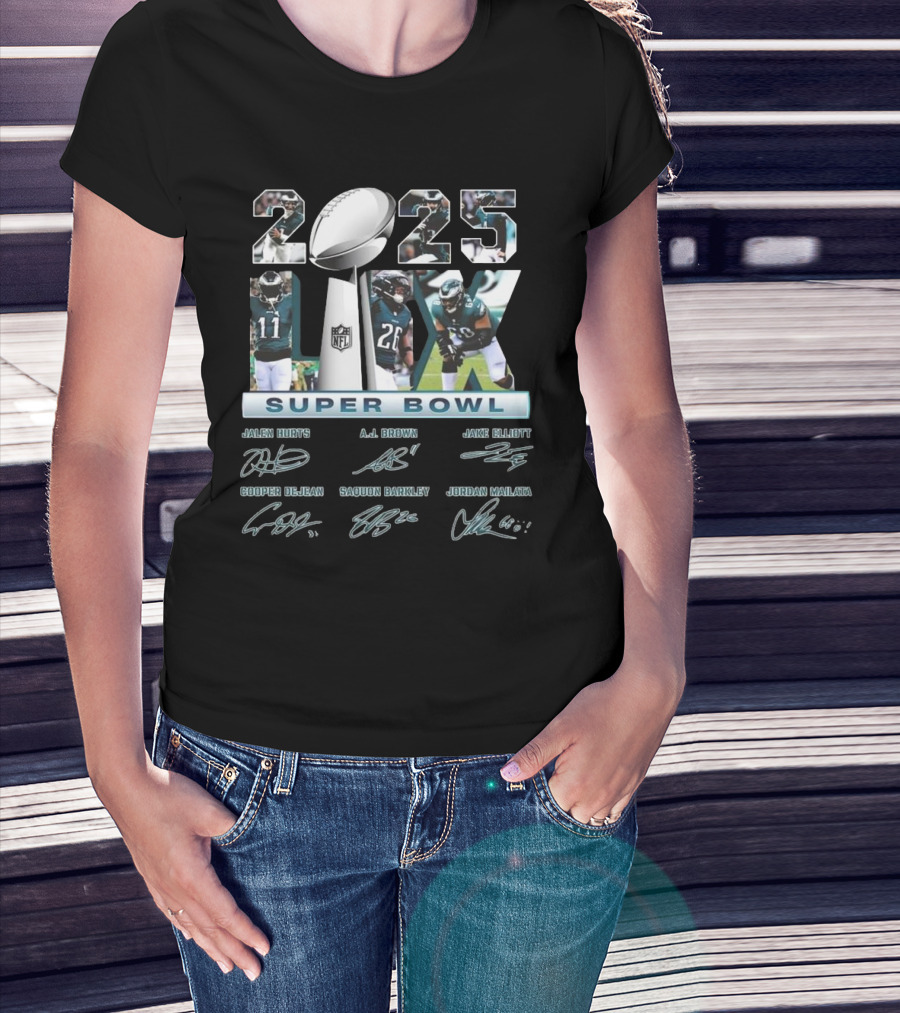 2025 Super Bowl LIX Jalen Hurts A.J. Brown Jake Elliott Saquon Barkley Jordan Mailata Philadelphia Eagles Championship T-Shirt