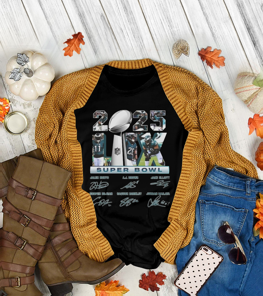 2025 Super Bowl LIX Jalen Hurts A.J. Brown Jake Elliott Saquon Barkley Jordan Mailata Philadelphia Eagles Championship T-Shirt
