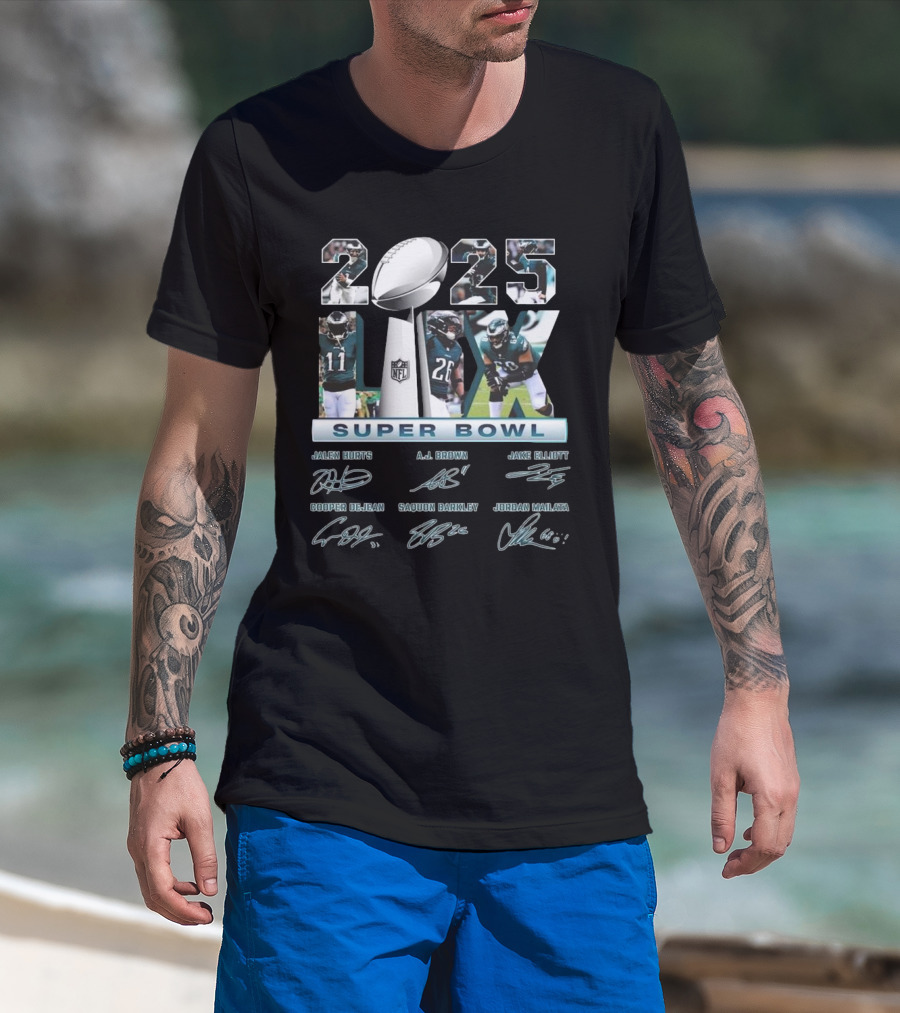 2025 Super Bowl LIX Jalen Hurts A.J. Brown Jake Elliott Saquon Barkley Jordan Mailata Philadelphia Eagles Championship T-Shirt