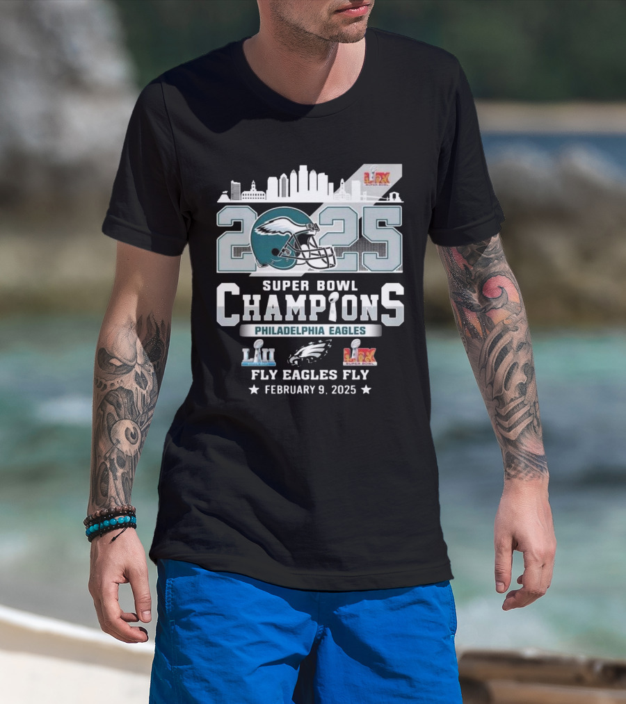 Philadelphia Eagles Super Bowl Champions 2025 Fly Eagles Fly February 9 Skyline T-Shirt