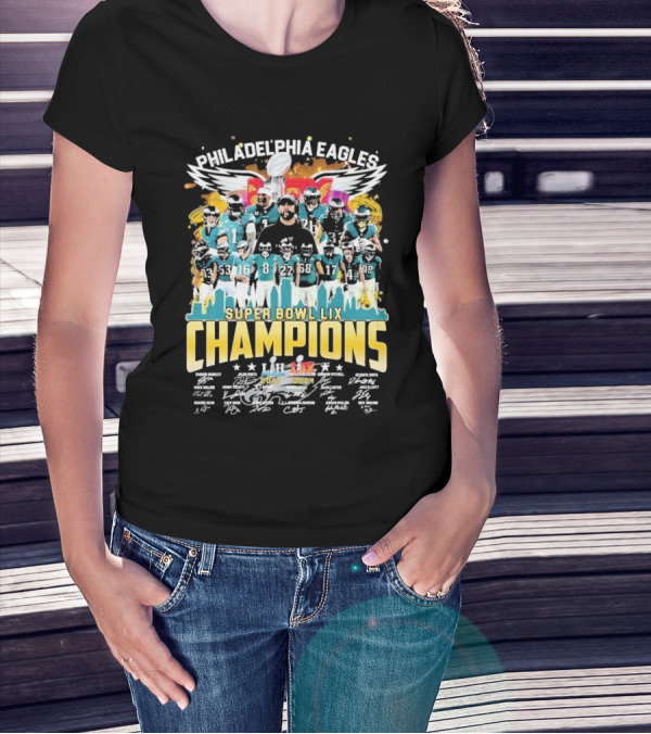 Philadelphia Eagles Super Bowl LIX Champions 2X City Skyline And Team Celebration T-Shirt
