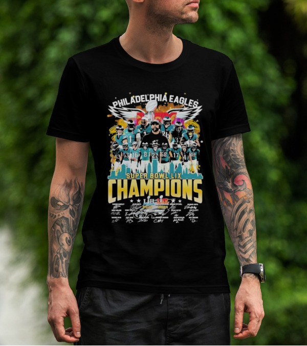 Philadelphia Eagles Super Bowl LIX Champions 2X City Skyline And Team Celebration T-Shirt