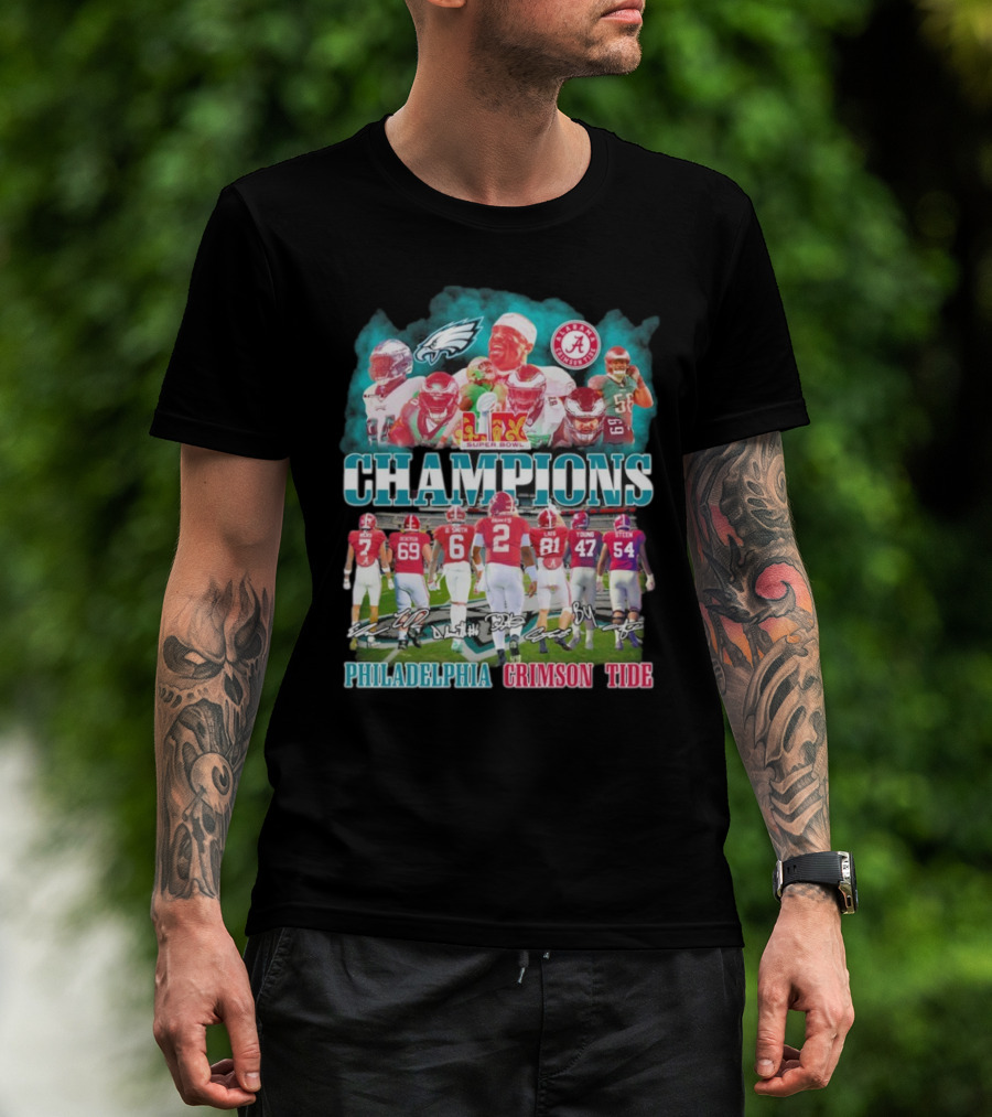 Philadelphia Eagles Alabama Crimson Tide LIX Super Bowl Champions Football Team Collaboration T-Shirt