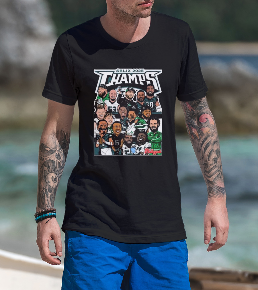 SBLIX 2025 Champs Phillygoat Philadelphia Eagles Caricatures Dream Team T-Shirt