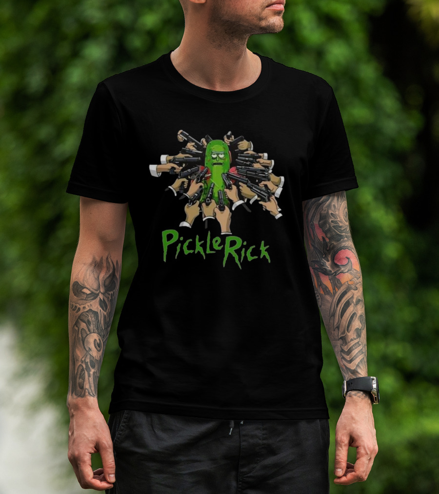 Pickle Rick Surrounded By Guns John Wick Baba Yaga Style T-Shirt