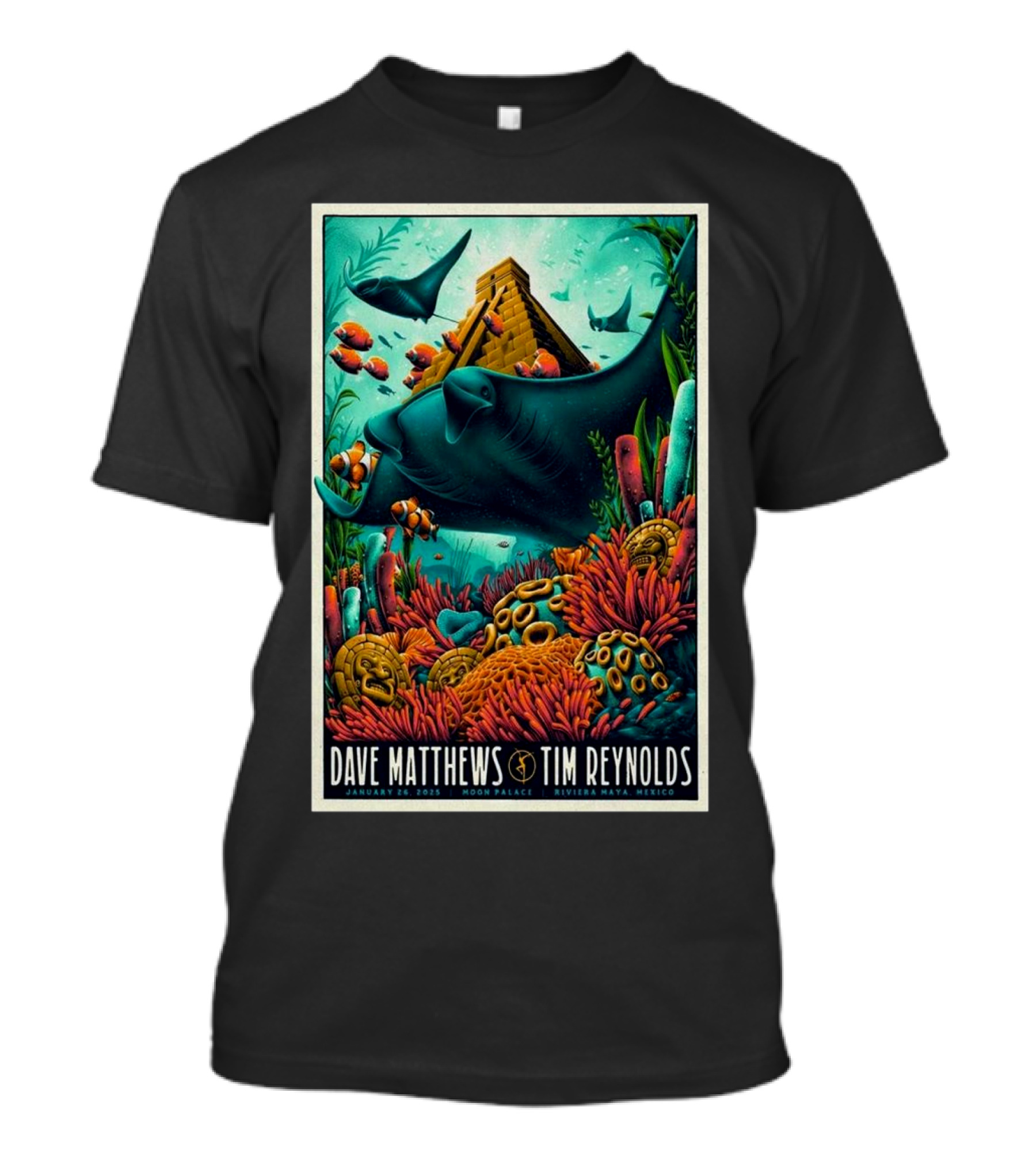 Dave Matthews Band Tim Reynolds Moon Palace Riviera Maya Mexico January 26 2025 Underwater Pyramid Rays Coral T-Shirt
