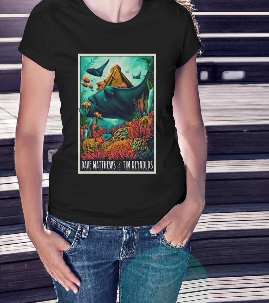 Dave Matthews Band Tim Reynolds Moon Palace Riviera Maya Mexico January 26 2025 Underwater Pyramid Rays Coral T-Shirt