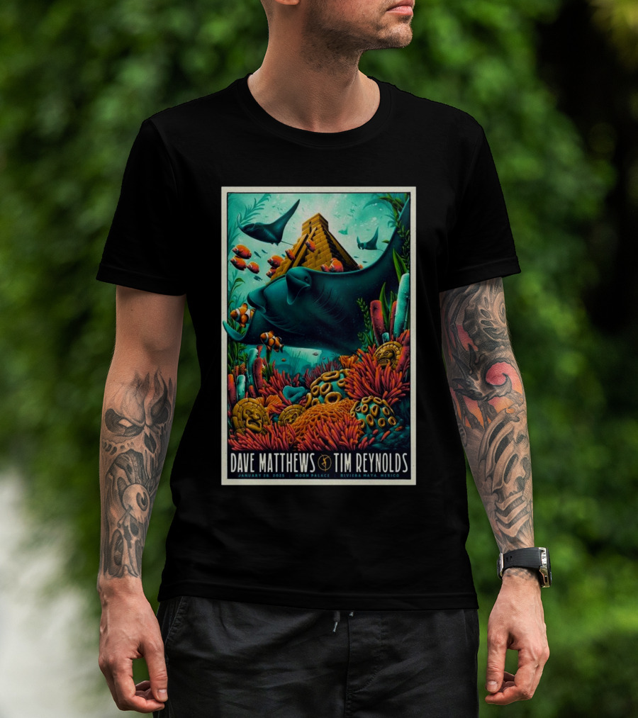 Dave Matthews Band Tim Reynolds Moon Palace Riviera Maya Mexico January 26 2025 Underwater Pyramid Rays Coral T-Shirt