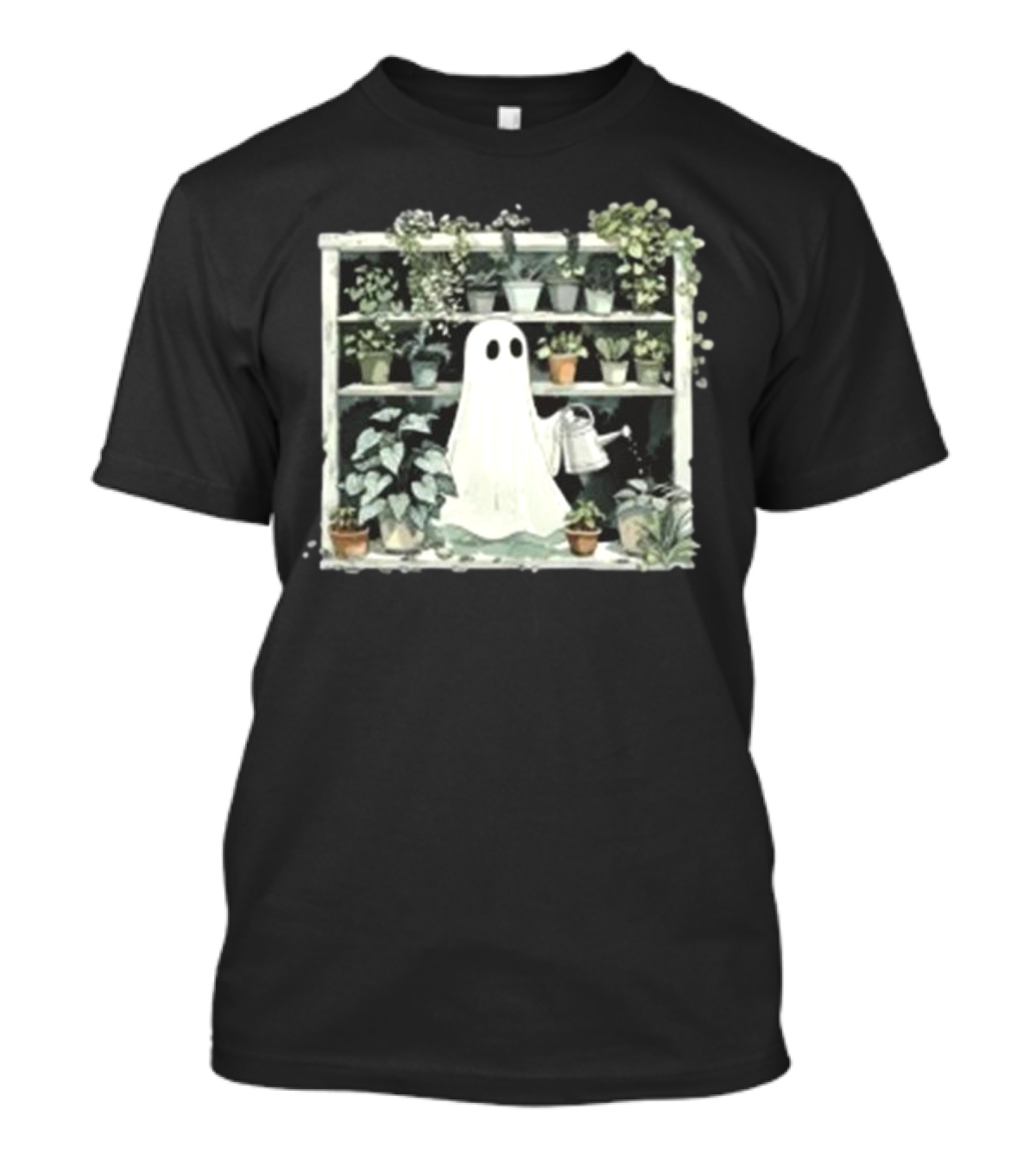 Plant Lady Ghost With Watering Can Surrounded By Indoor Plants Halloween Spooky Gardener T-Shirt