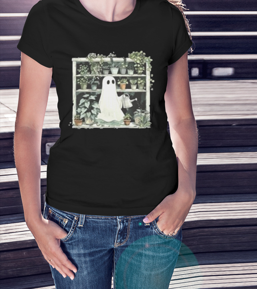 Plant Lady Ghost With Watering Can Surrounded By Indoor Plants Halloween Spooky Gardener T-Shirt