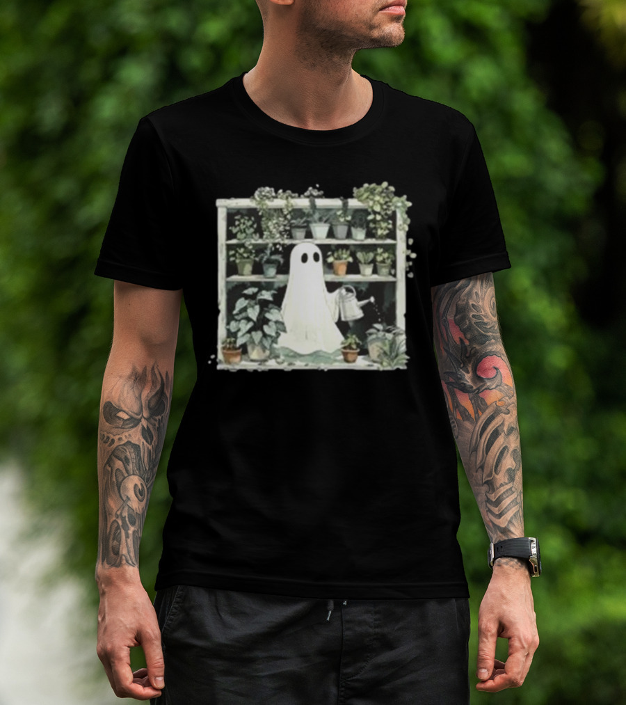 Plant Lady Ghost With Watering Can Surrounded By Indoor Plants Halloween Spooky Gardener T-Shirt
