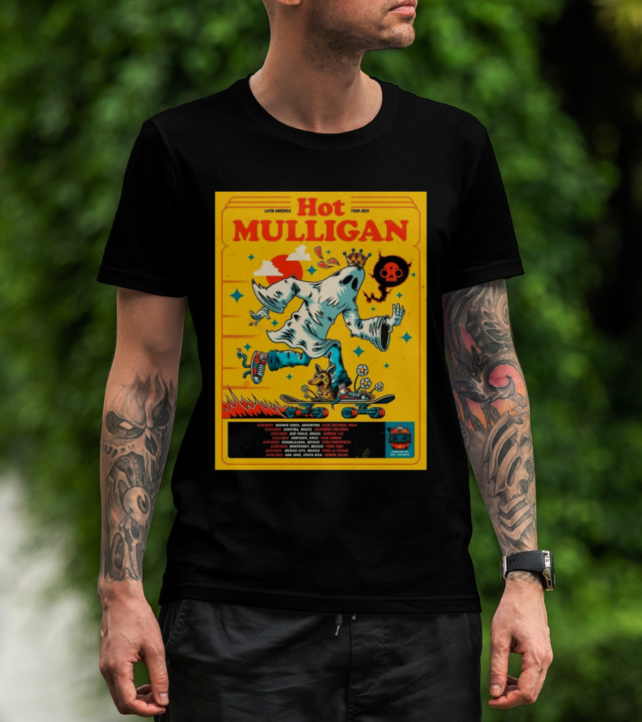 Hot Mulligan 2025 Latin American Tour Buenos Aires Club Cultural Bula Ghost Skateboarding Illustration T-Shirt