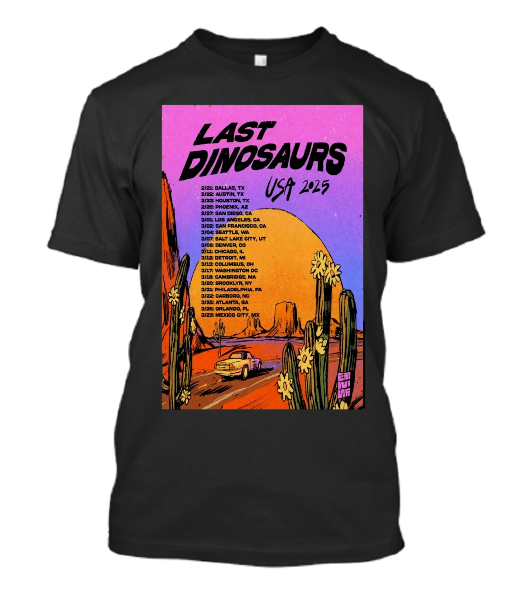 Last Dinosaurs USA 2025 Tour Dates With Desert Scene And Vintage Car T-Shirt