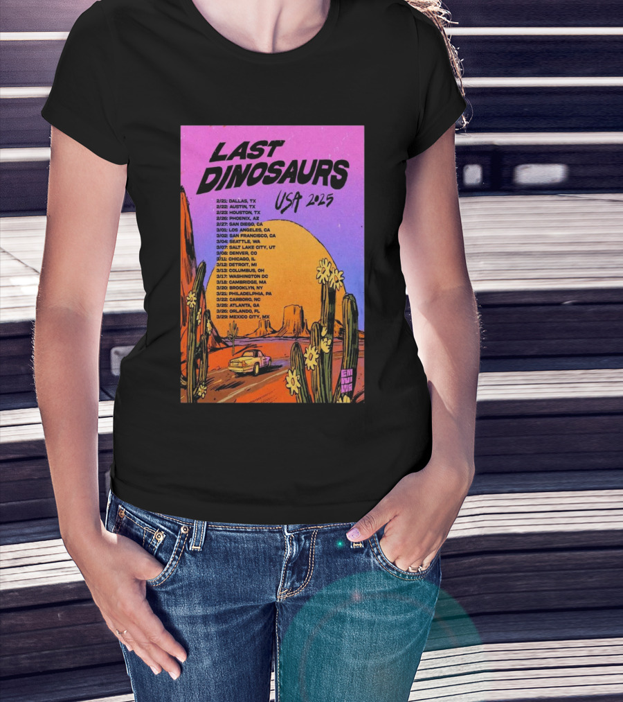 Last Dinosaurs USA 2025 Tour Dates With Desert Scene And Vintage Car T-Shirt
