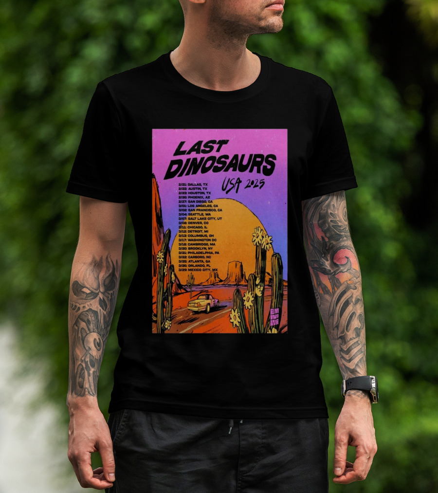 Last Dinosaurs USA 2025 Tour Dates With Desert Scene And Vintage Car T-Shirt