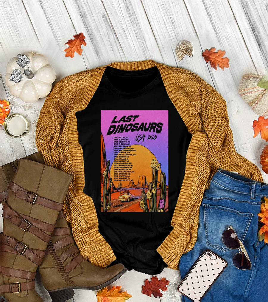 Last Dinosaurs USA 2025 Tour Dates With Desert Scene And Vintage Car T-Shirt