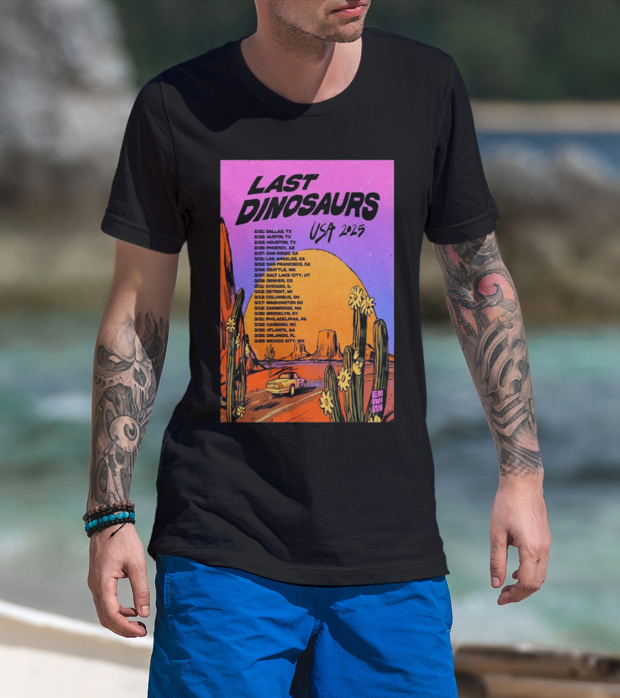 Last Dinosaurs USA 2025 Tour Dates With Desert Scene And Vintage Car T-Shirt
