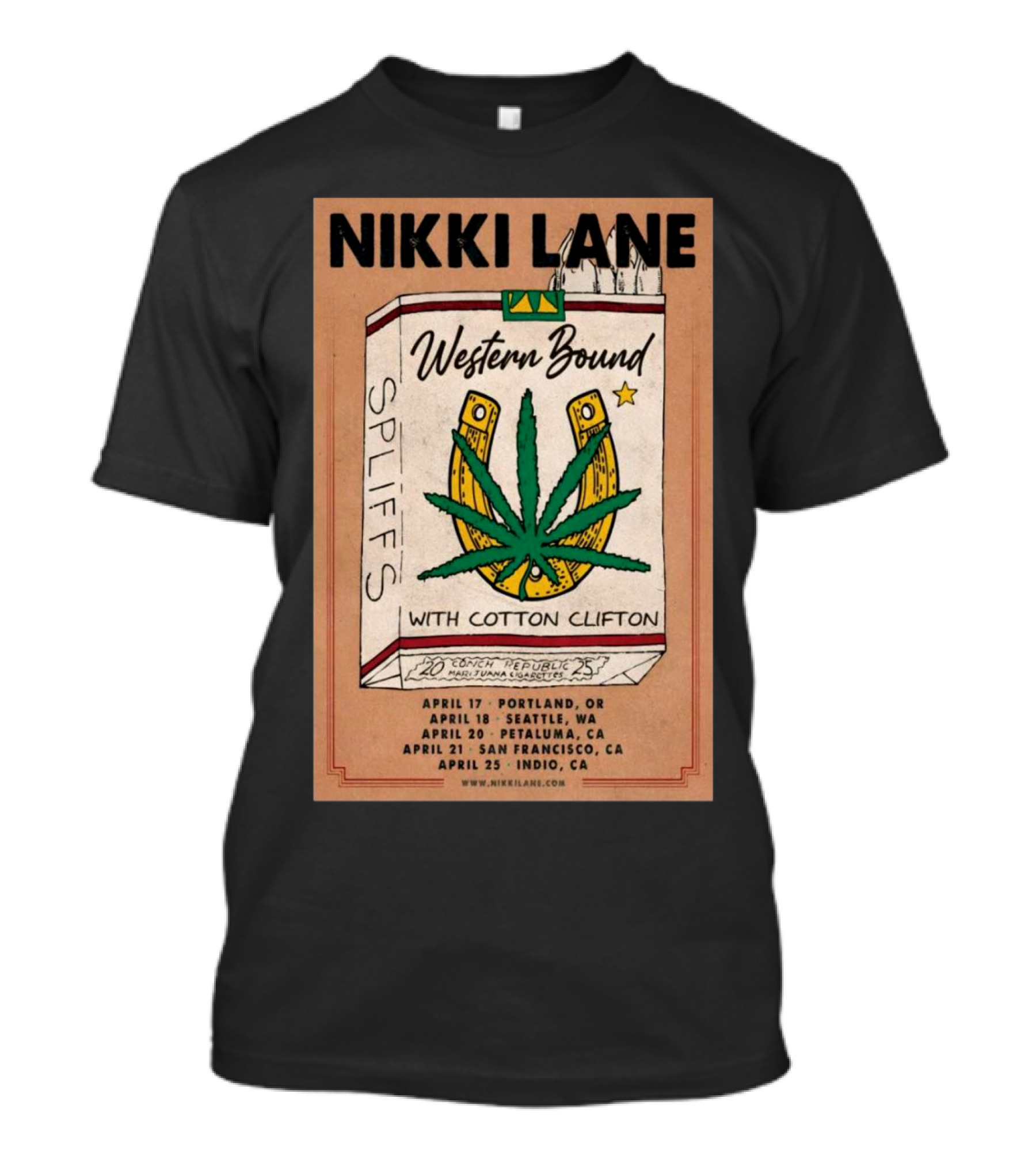 Nikki Lane Western Bound Spliffs Tour 2025 Marijuana Pack Portland OR Seattle WA Petaluma CA San Francisco CA Indio CA T-Shirt