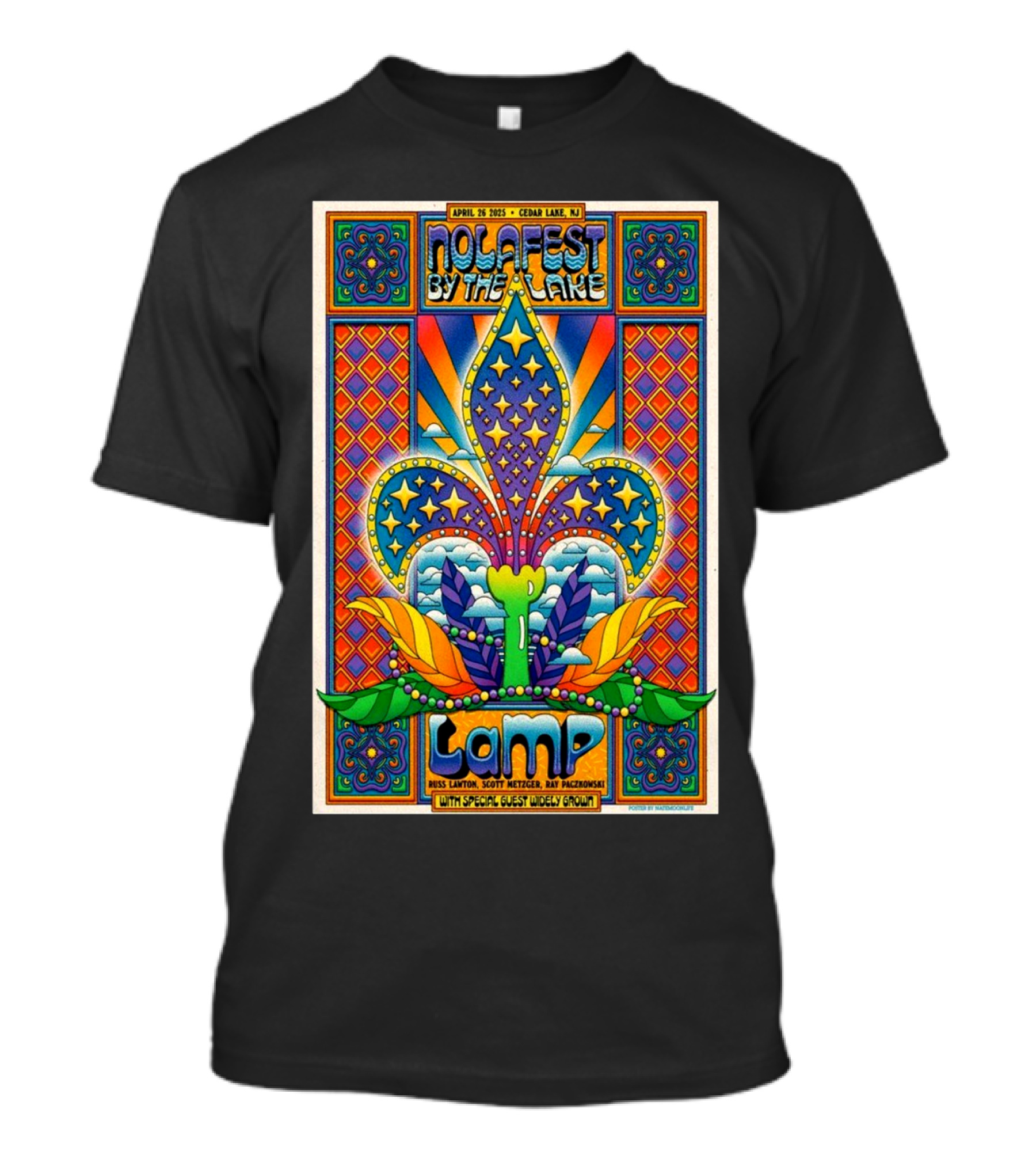 NOLA Fest By The Lake April 26 2025 Cedar Lake NJ Russ Lawton Scott Metzger Ray Paczkowski Special Guest Widely Grown LAMP T-Shirt