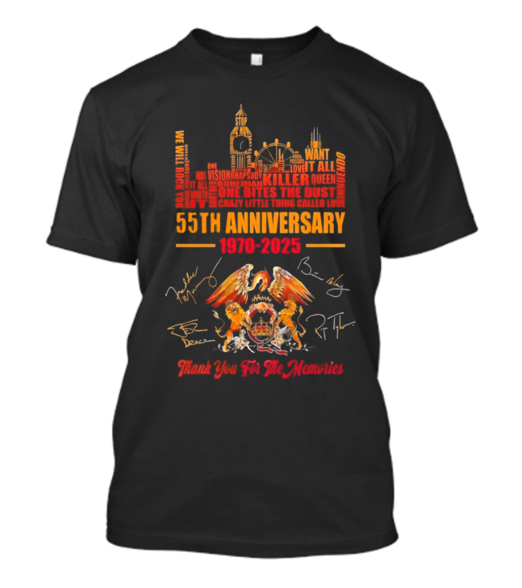 Queen 55th Anniversary 1970-2025 Thank You For The Memories London Skyline And Band Signatures T-Shirt