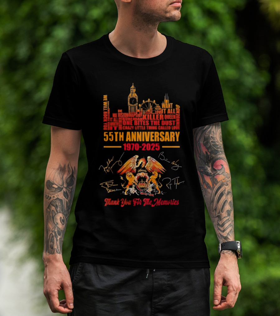Queen 55th Anniversary 1970-2025 Thank You For The Memories London Skyline And Band Signatures T-Shirt