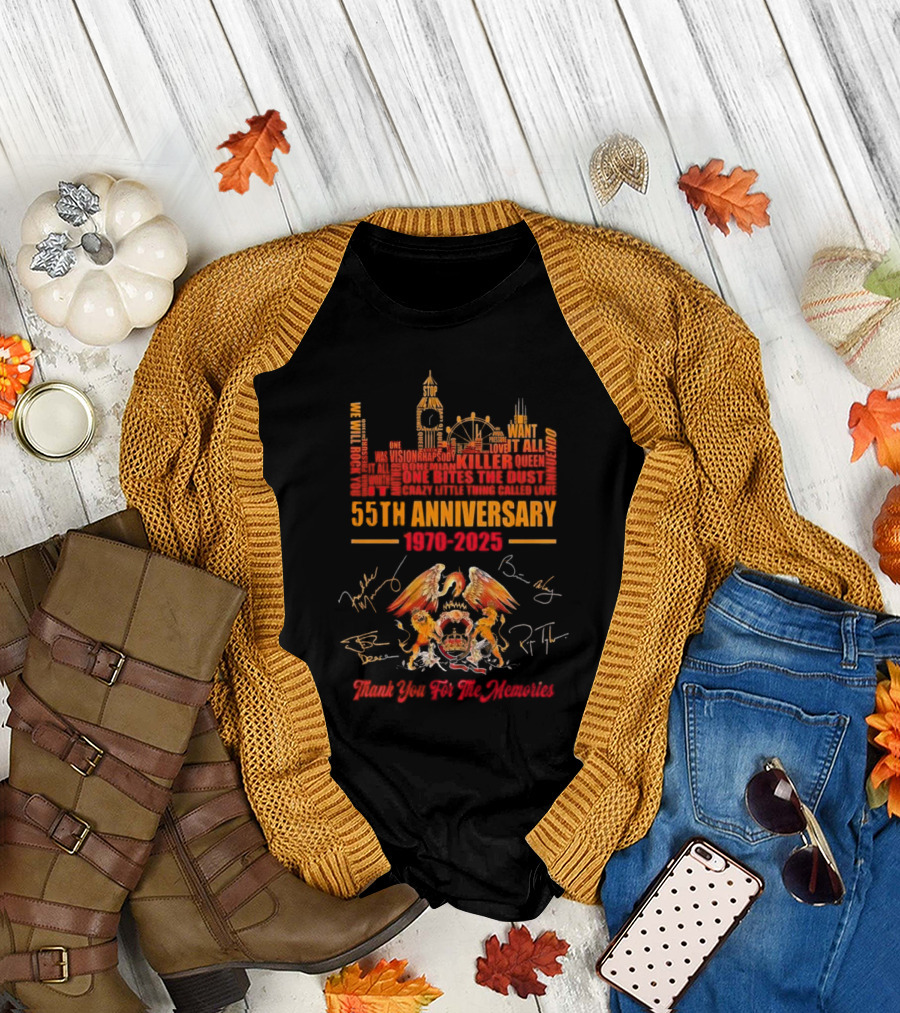 Queen 55th Anniversary 1970-2025 Thank You For The Memories London Skyline And Band Signatures T-Shirt