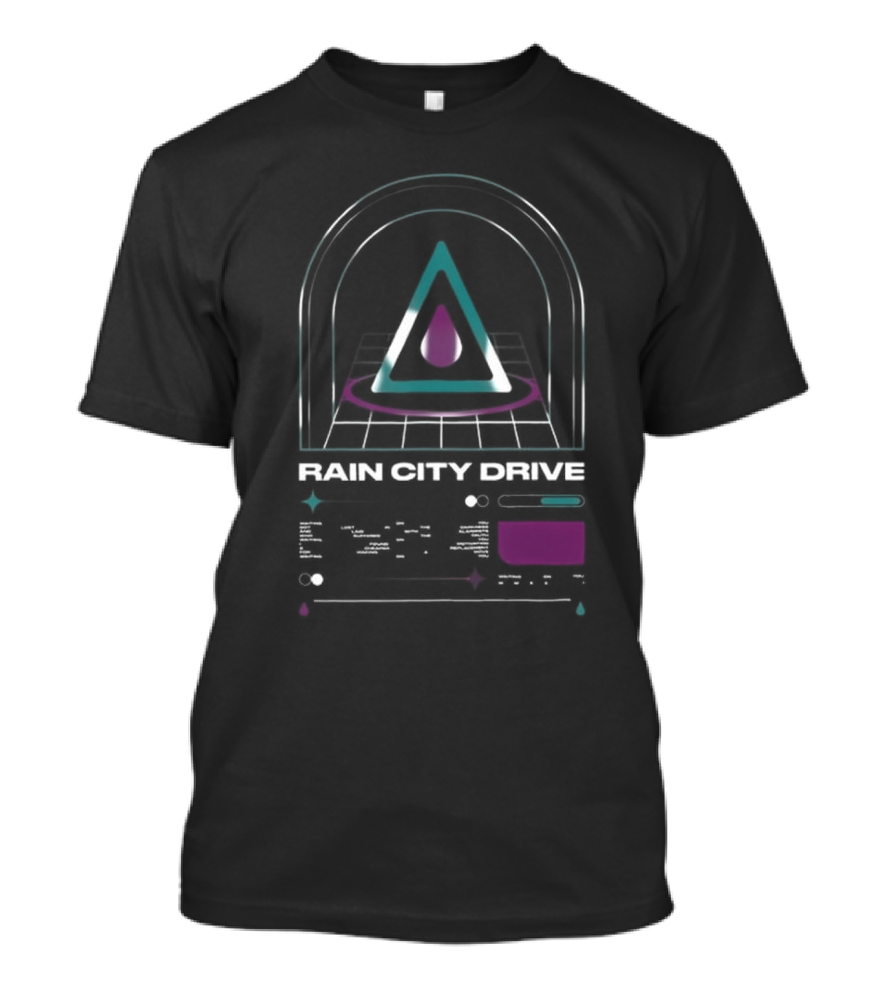Rain City Drive Teardrop Neon Triangle Symbol With Arch And Grid Design T-Shirt