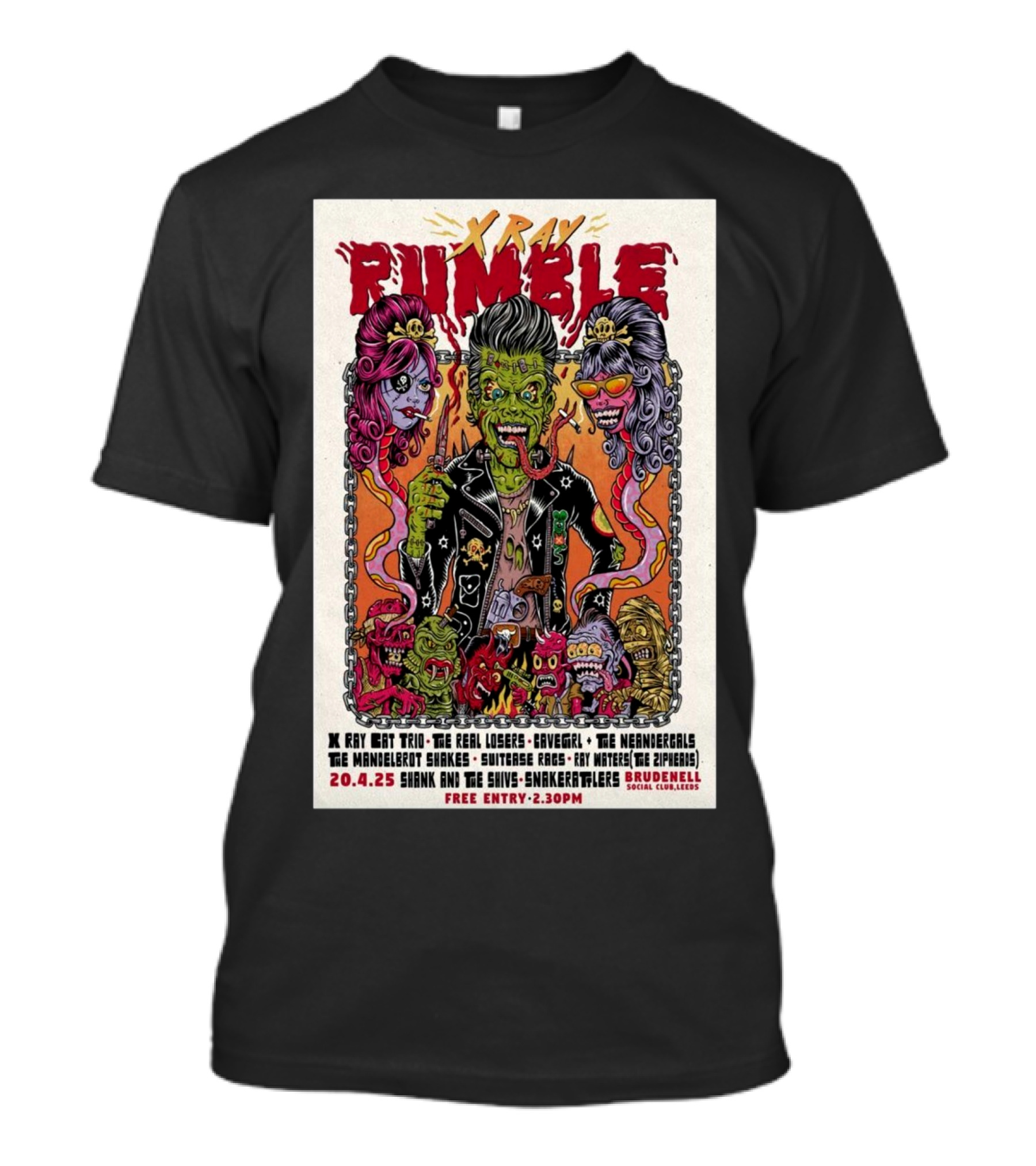 Xray Rumble April 4 2025 Leeds UK X Ray Cat Trio The Real Losers Cavegirl The Neandergals The Mandelbrot Shakes T-Shirt