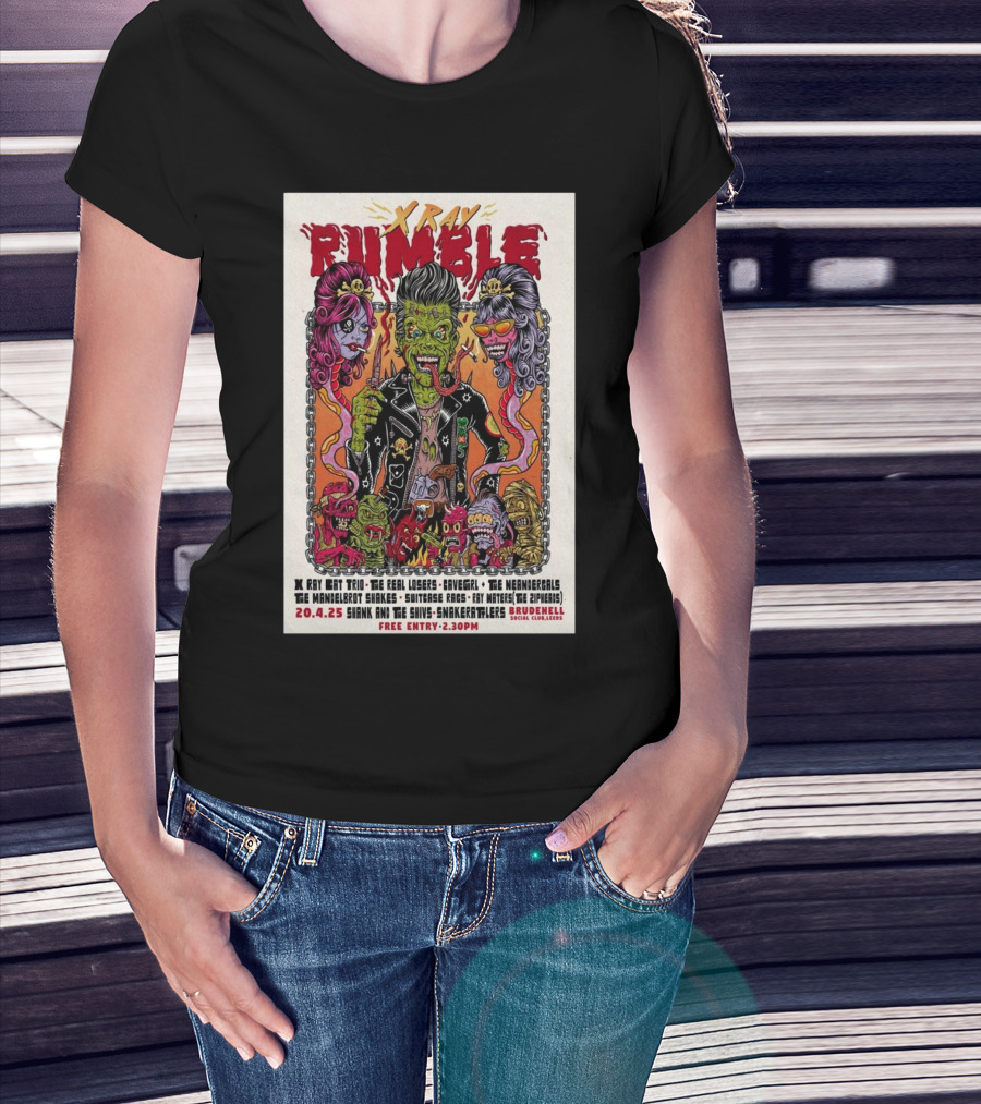Xray Rumble April 4 2025 Leeds UK X Ray Cat Trio The Real Losers Cavegirl The Neandergals The Mandelbrot Shakes T-Shirt