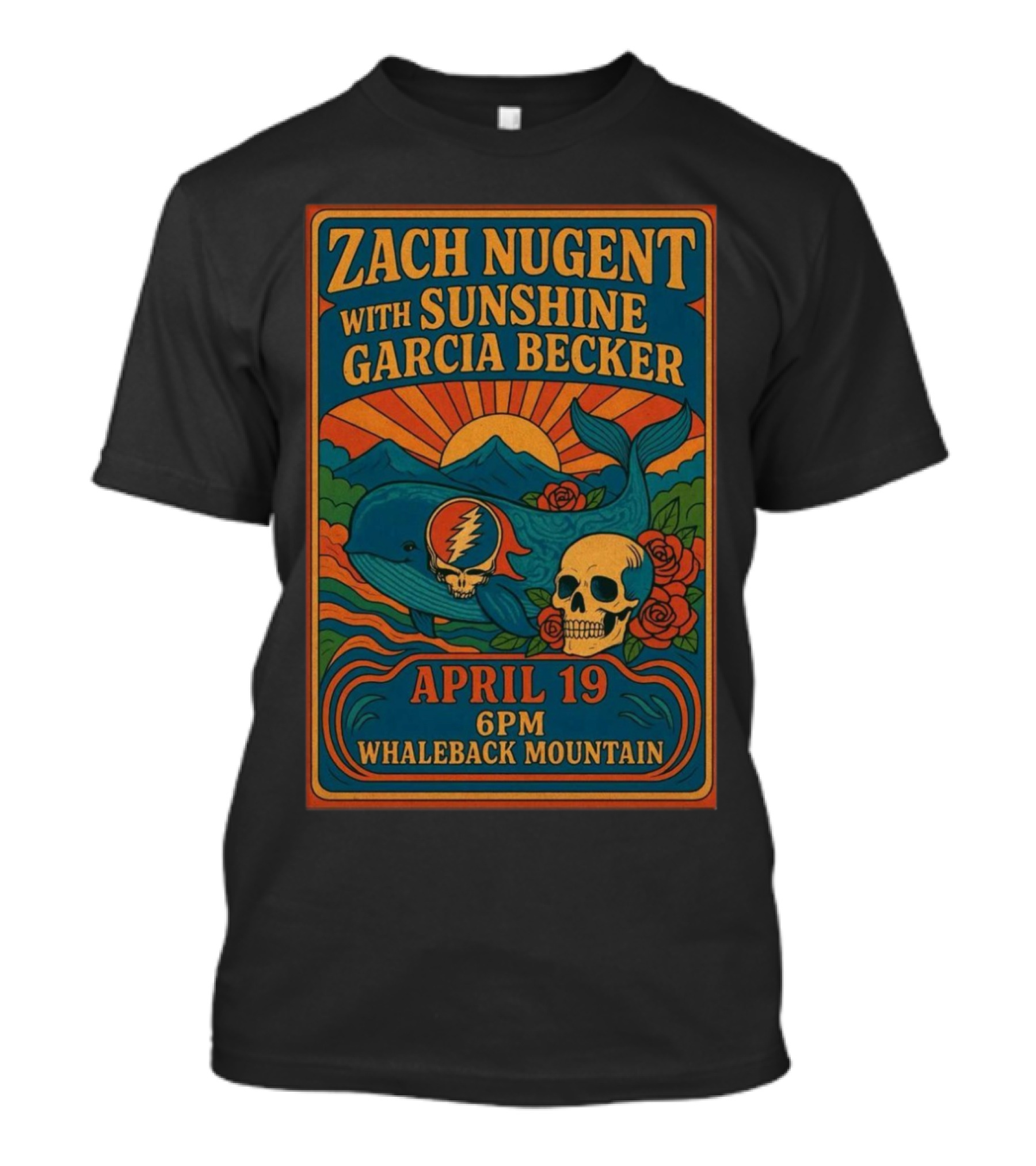 Zach Nugent With Sunshine Garcia Becker April 19 6 PM Whaleback Mountain Whale Skull Roses Sun Graphic T-Shirt