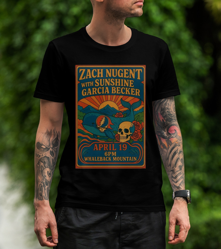 Zach Nugent With Sunshine Garcia Becker April 19 6 PM Whaleback Mountain Whale Skull Roses Sun Graphic T-Shirt