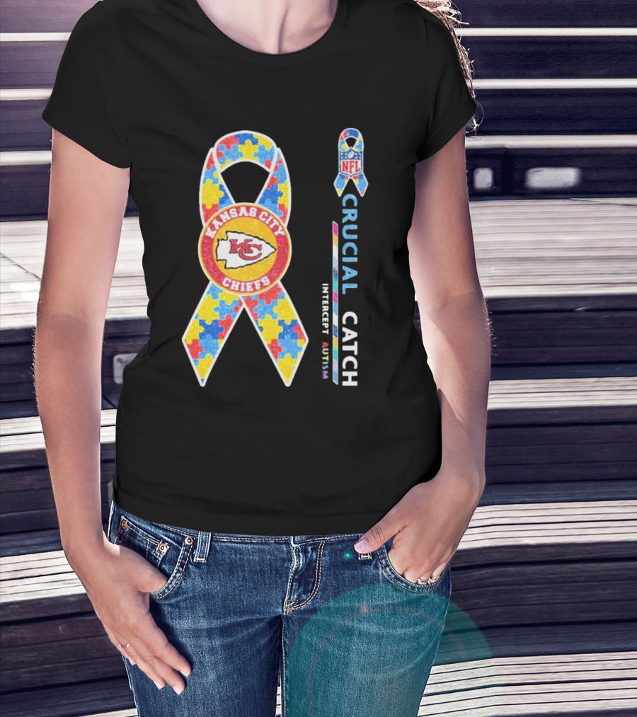 Kansas City Chiefs NFL Puzzle Ribbon Autism Awareness Crucial Catch T-Shirt