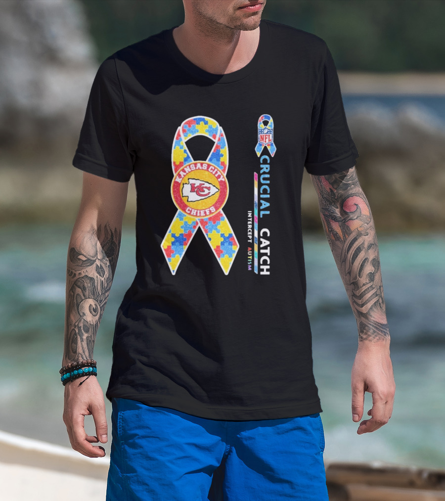 Kansas City Chiefs NFL Puzzle Ribbon Autism Awareness Crucial Catch T-Shirt