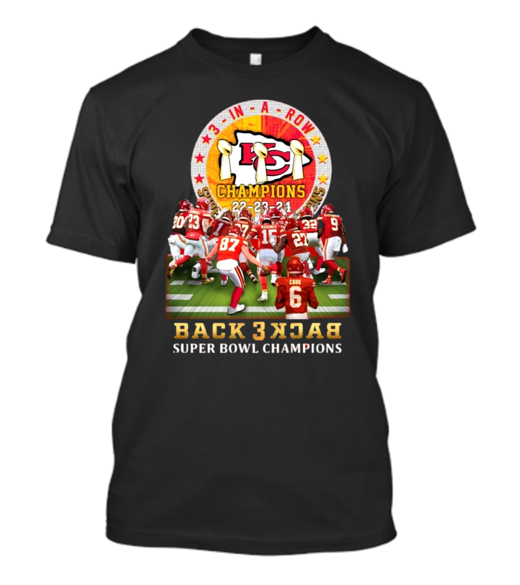 3 In A Row Kansas City Chiefs 22-23-24 Super Bowl Champions Back 2 Back T-Shirt