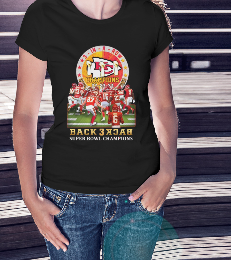 3 In A Row Kansas City Chiefs 22-23-24 Super Bowl Champions Back 2 Back T-Shirt
