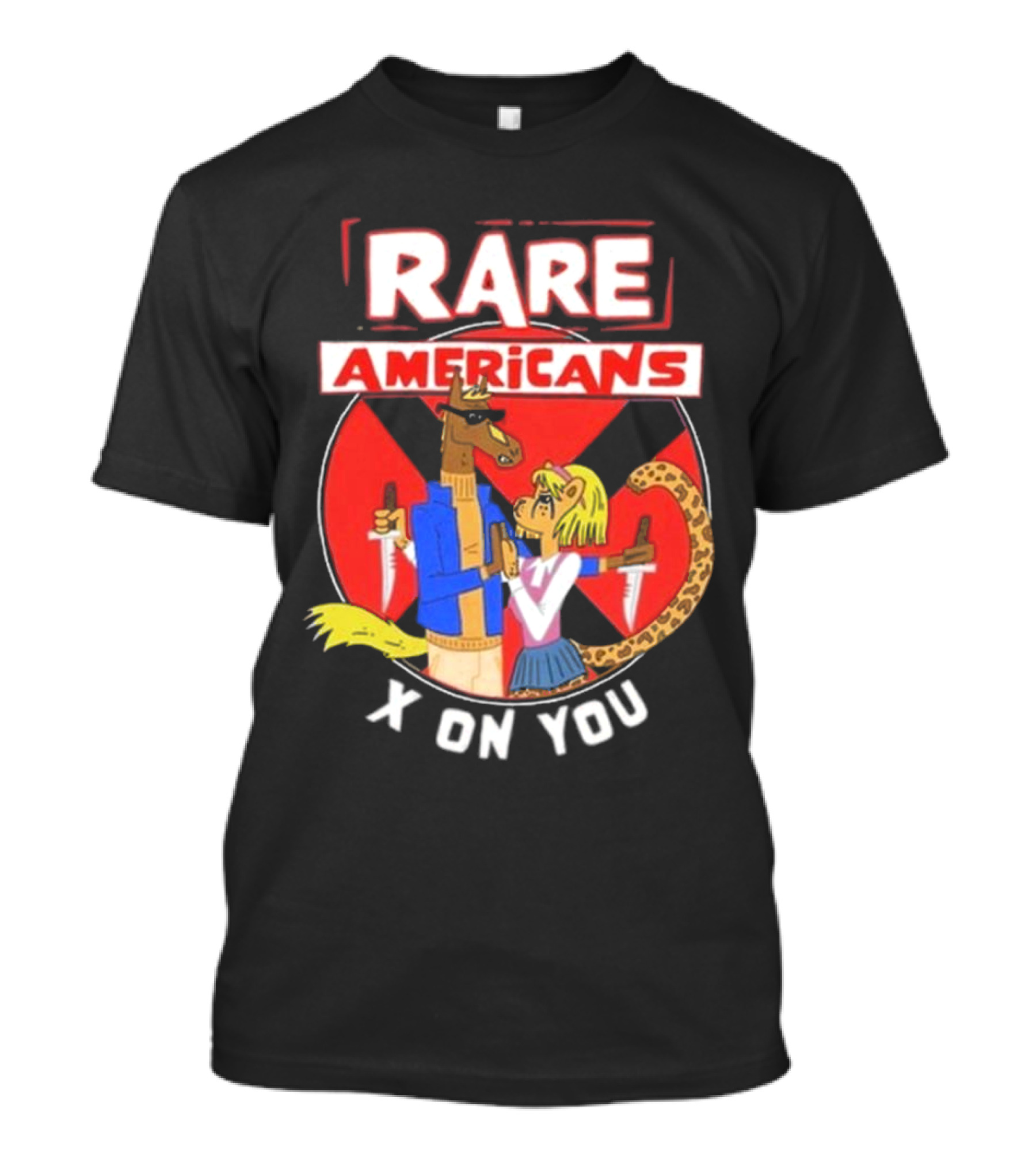 Rare Americans X On You Two Characters Holding Knives Circular Badge T-Shirt