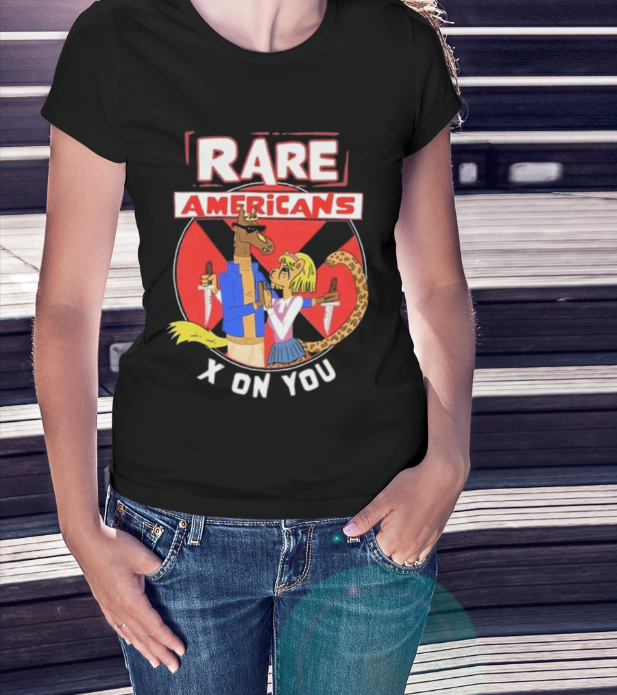 Rare Americans X On You Two Characters Holding Knives Circular Badge T-Shirt