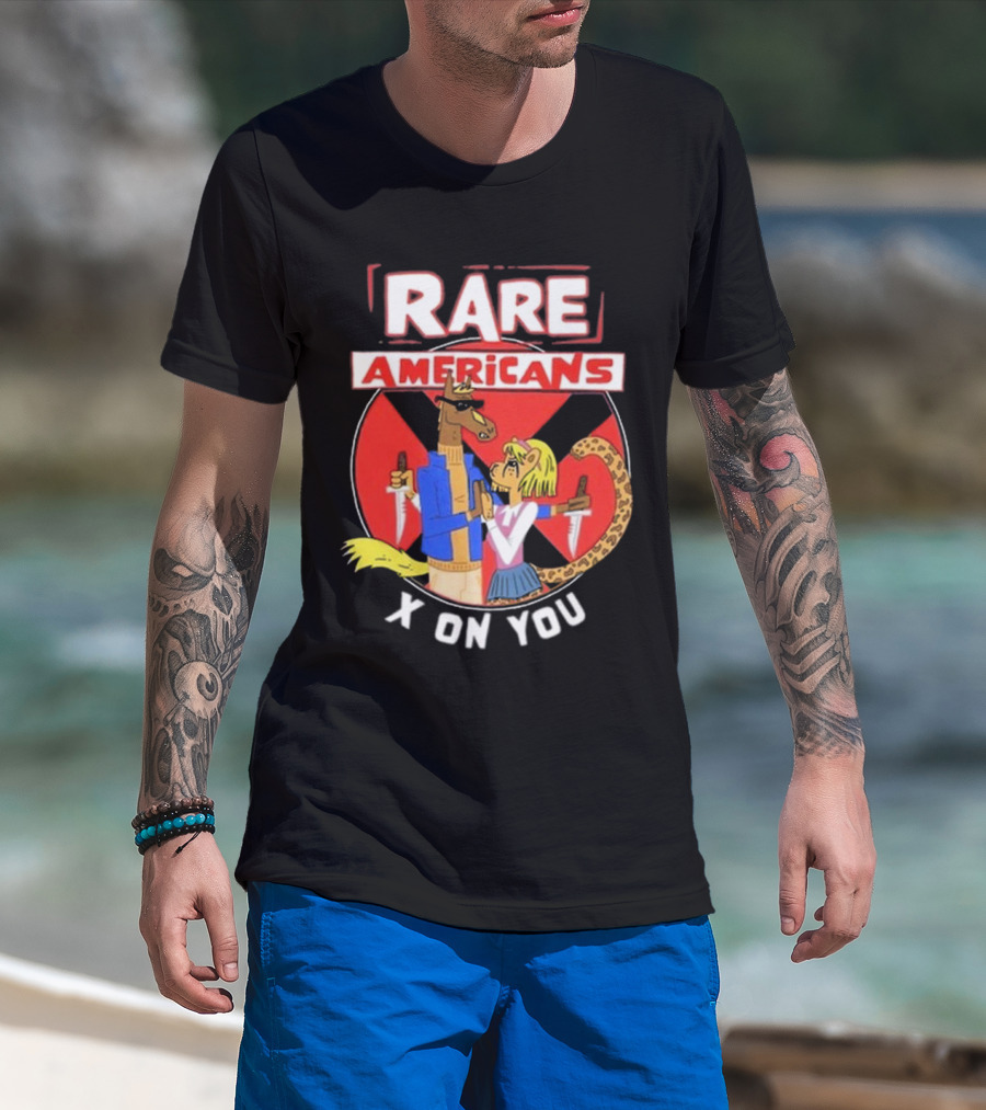 Rare Americans X On You Two Characters Holding Knives Circular Badge T-Shirt
