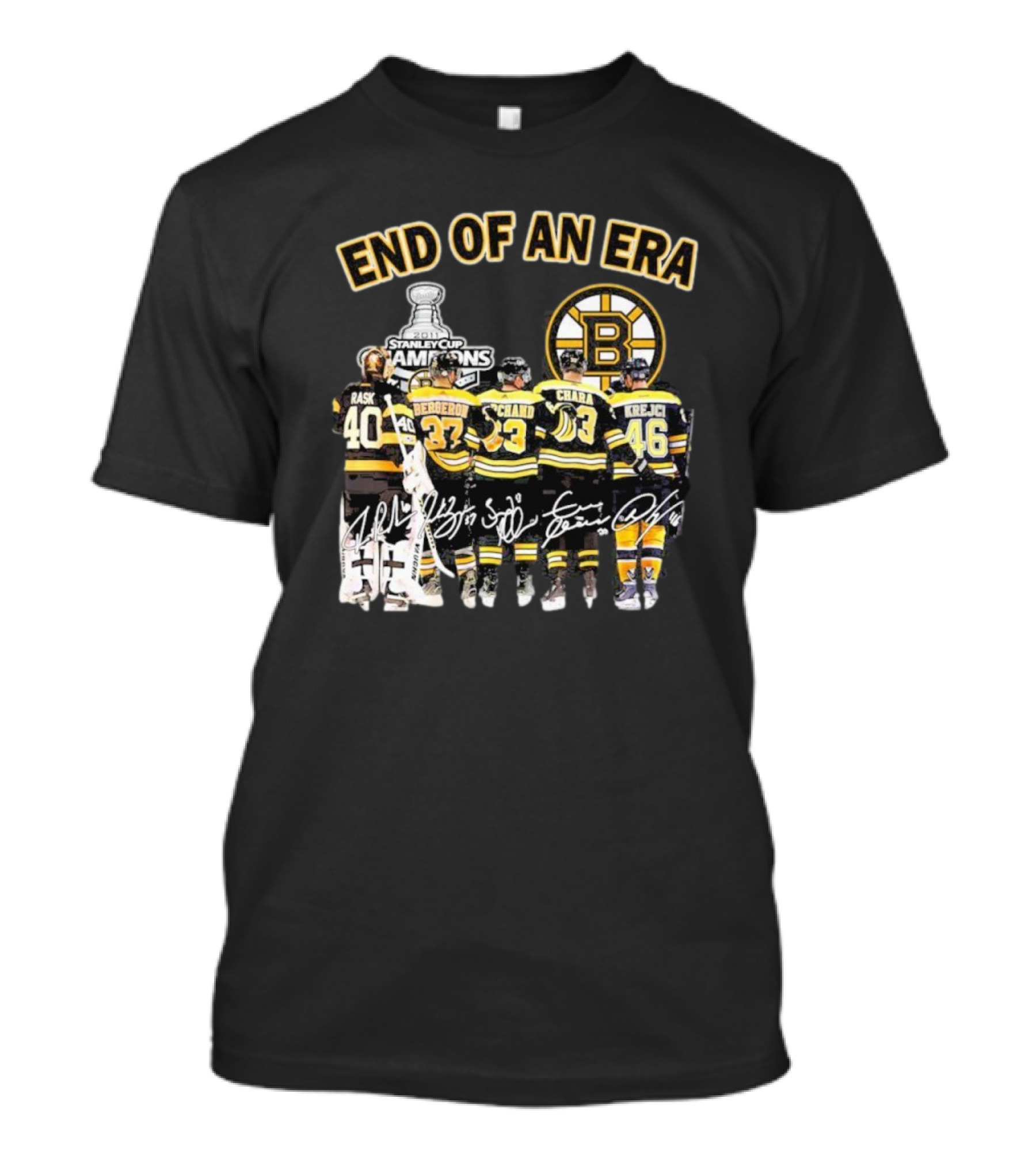Stanley Cup Champions End Of An Era Rask Bergeron Chara Krejci Signatures Bruins T-Shirt