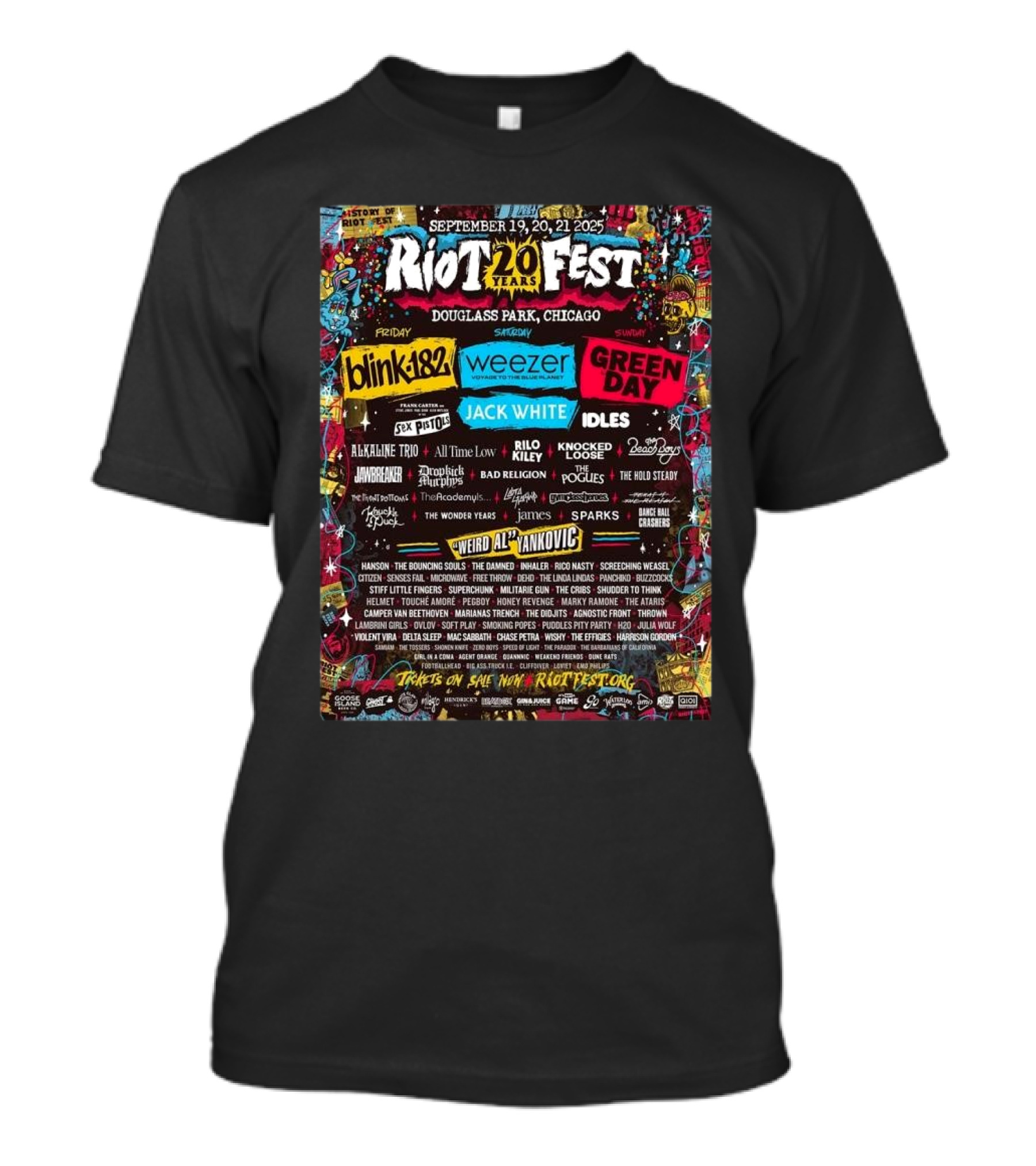 Riot 20 Years Fest Douglass Park Chicago September 19 20 21 2025 Lineup Featuring Blink-182 Weezer Green Day And More T-Shirt